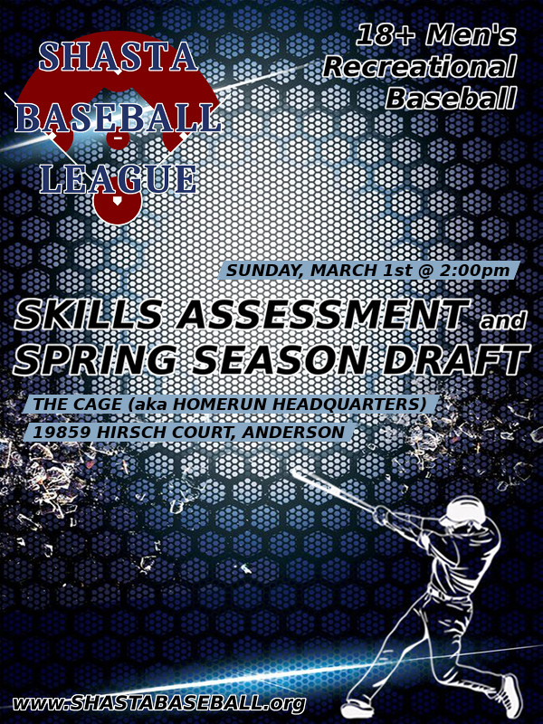 Skills assessment and Spring Season draft. 2pm Sunday, March 01st @ The Cage (aka Homerun Headquarters), 19859 Hirsch Court, Anderson.